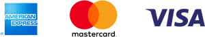 Logos for American Express, Mastercard, and Visa.