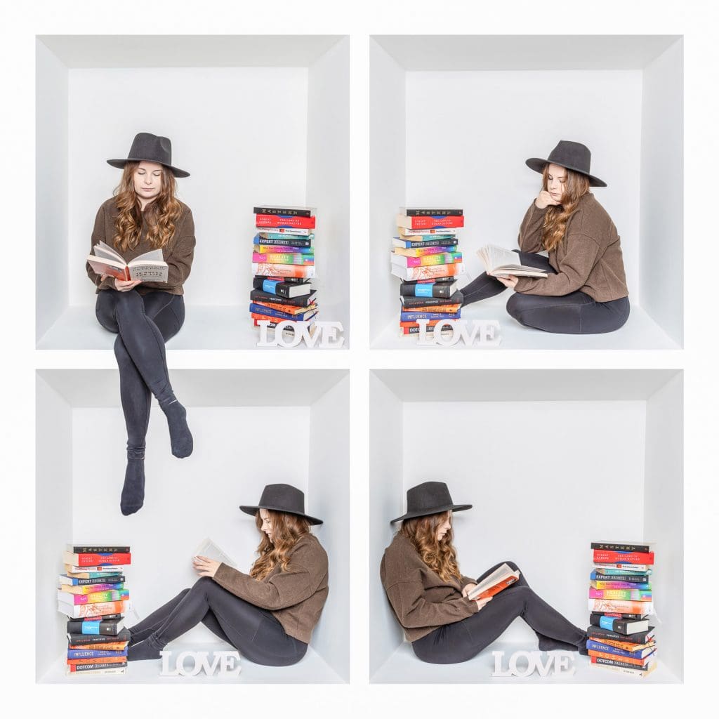 Inside the box photography collage showing a creative studio portrait of a woman reading books inside a white box.