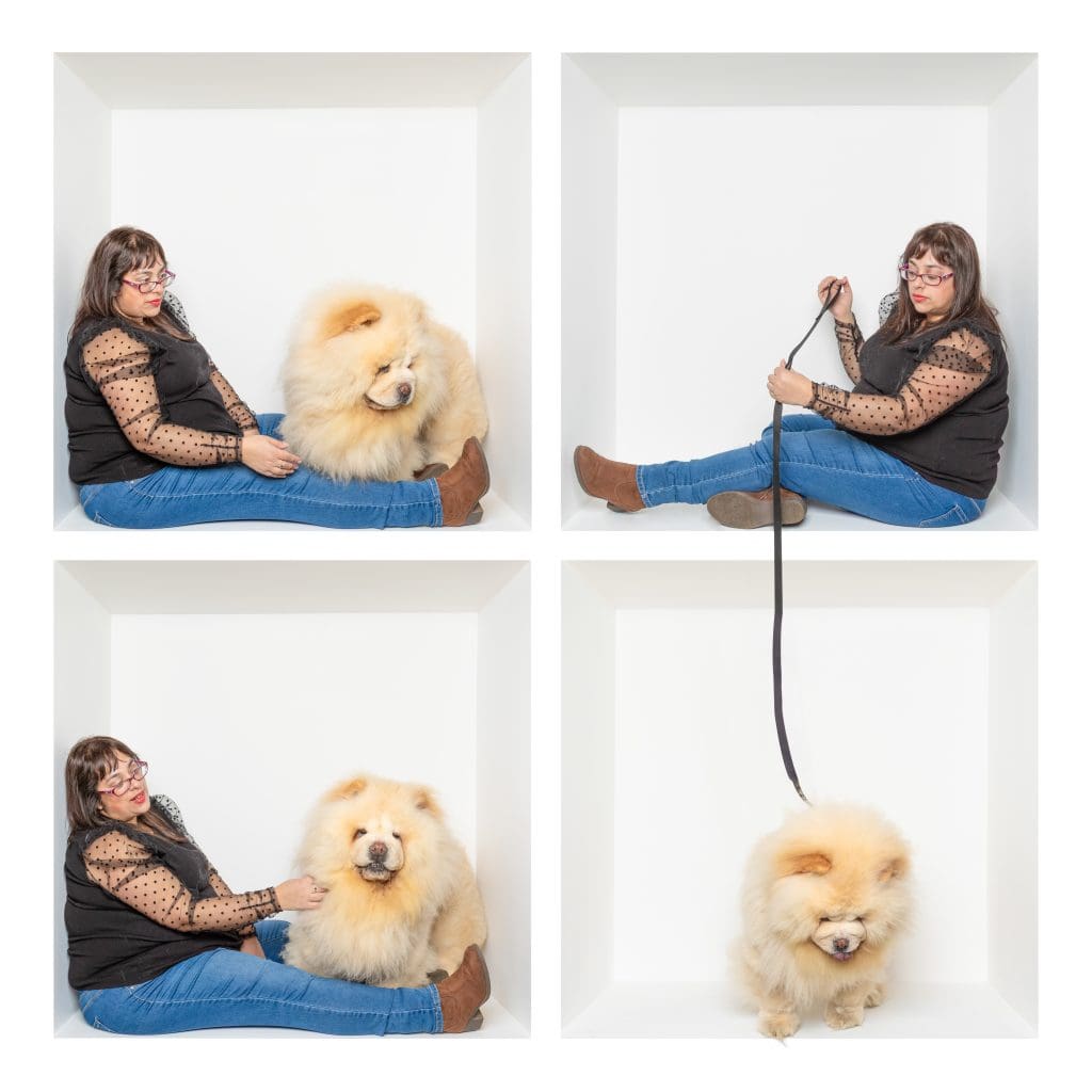 Inside the box photography of a woman with her dog, creating a fun and playful pet portrait in a white studio box.