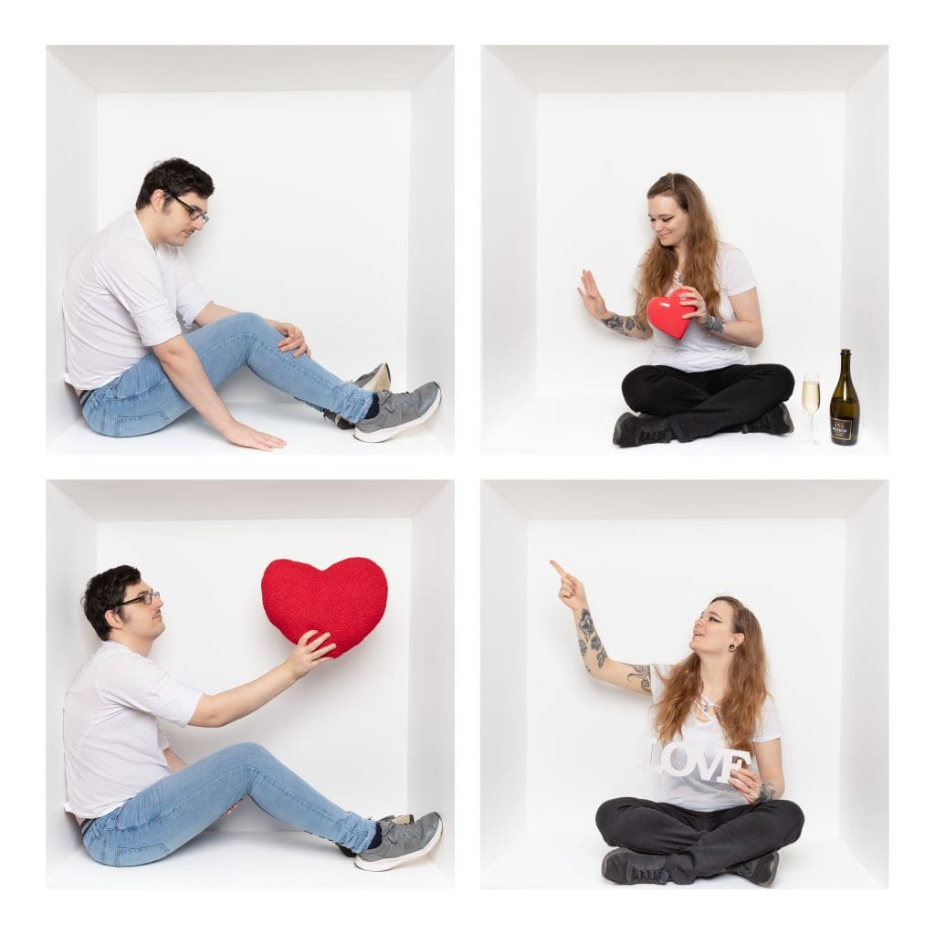 Inside the box photography collage of a couple in a white box studio using heart and love props to create a creative couples portrait.