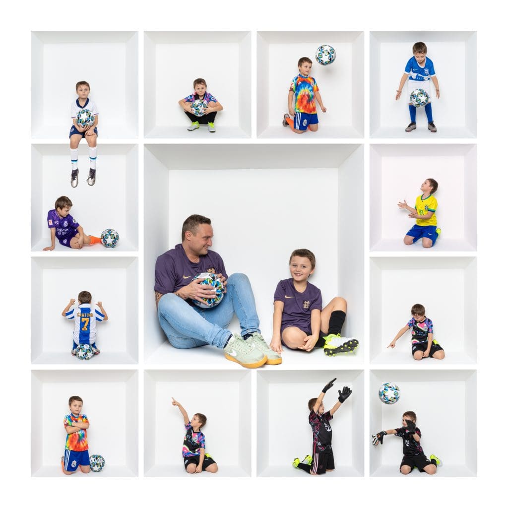 Inside the box photography collage featuring a creative studio photoshoot of a child and parent with football poses inside a white box.