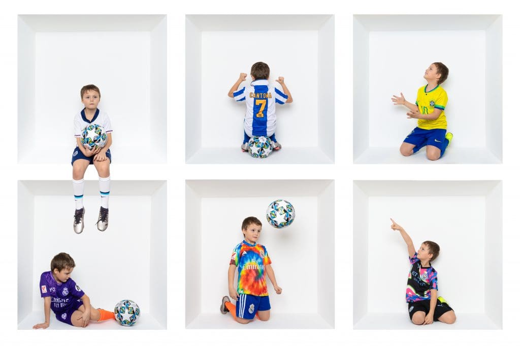 Inside the box photography collage of a child football portrait showing a young boy posing and playing with a football inside a white box studio.