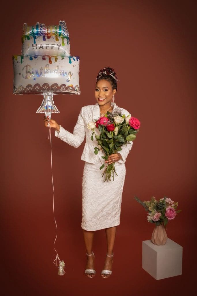 adult milestone birthday studio photoshoot in Birmingham with celebration balloons
