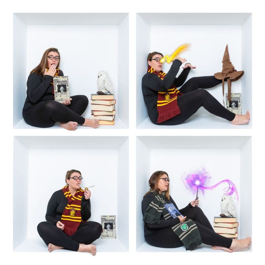 Inside the box photography showing a woman styled as a Harry Potter character in four creative studio portraits inside a white box.