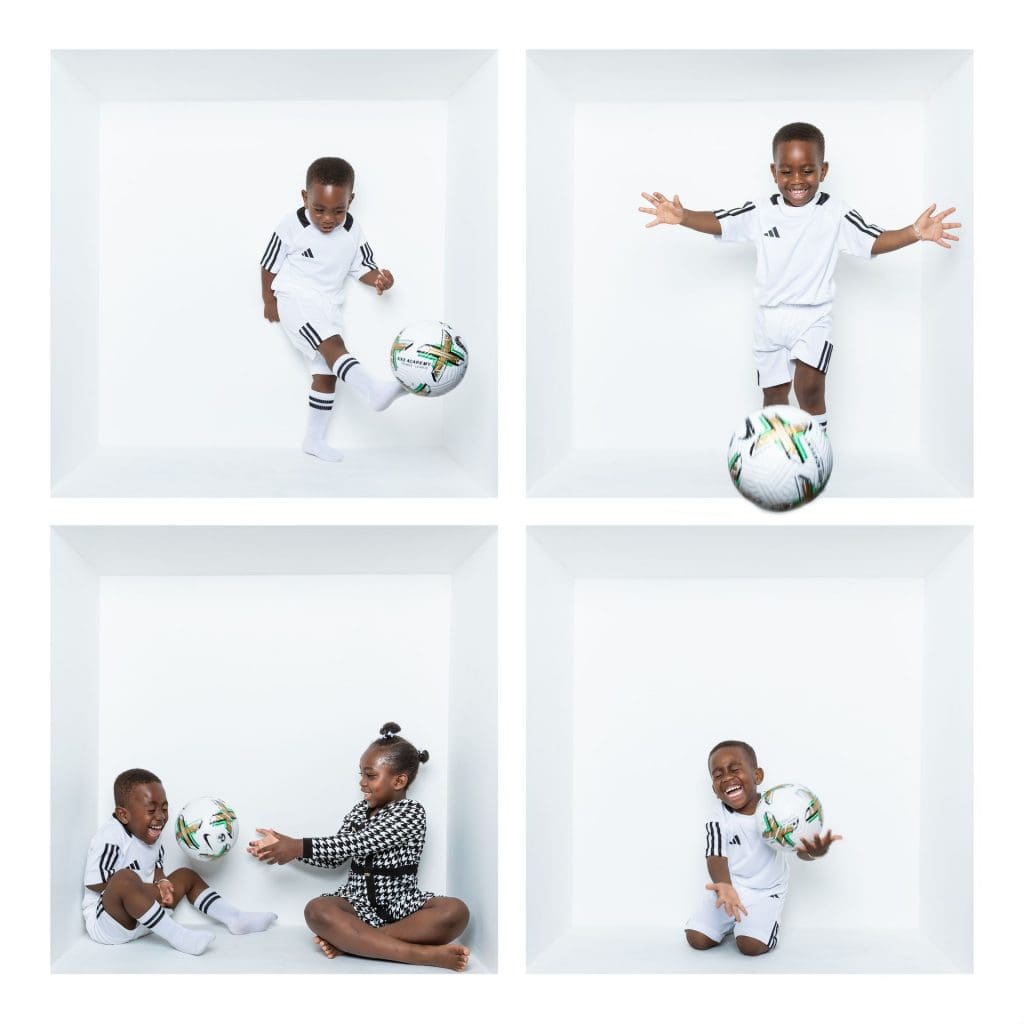 Inside the box photography collage showing a creative studio photoshoot of children playing football inside a white box.