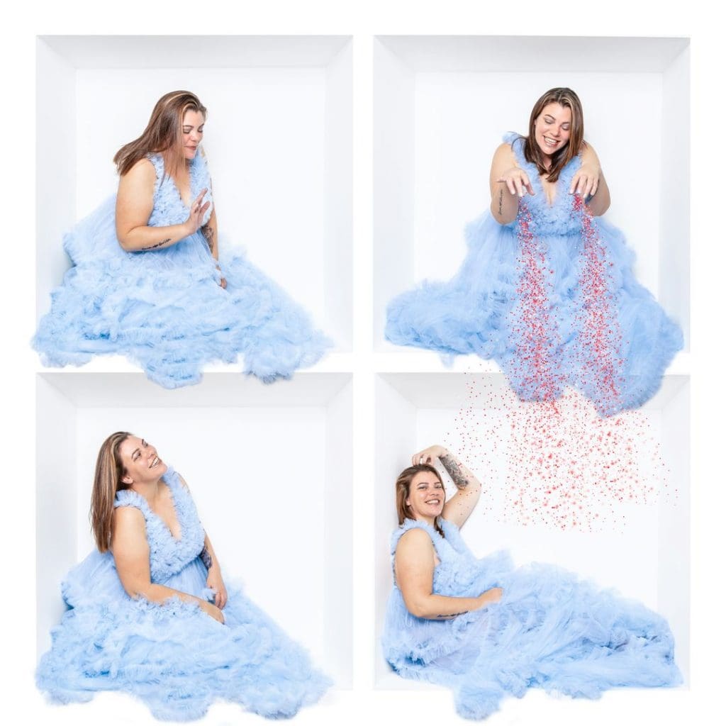 Inside the box photography collage showing a creative studio portrait of a woman in a blue gown posing inside a white box.