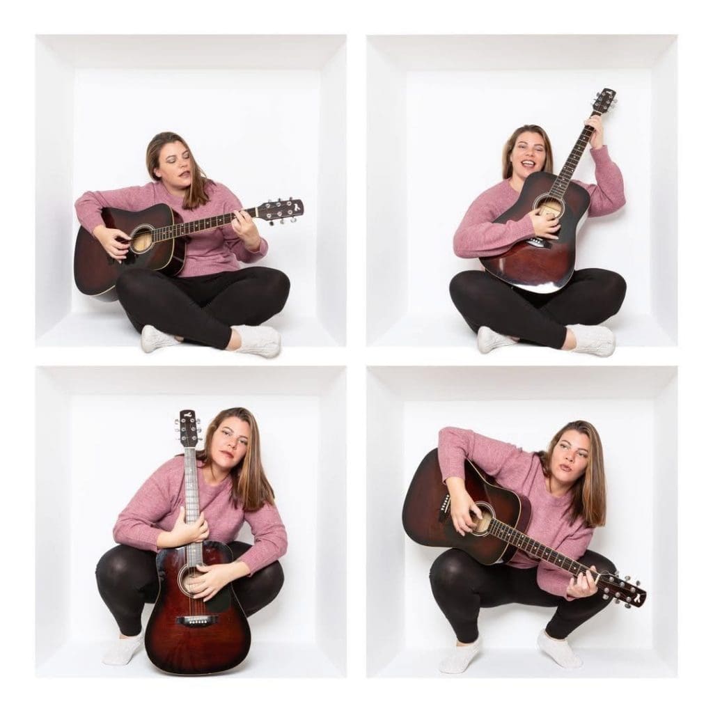 Inside the box photography collage featuring a creative studio portrait of a woman playing a guitar inside a white box.