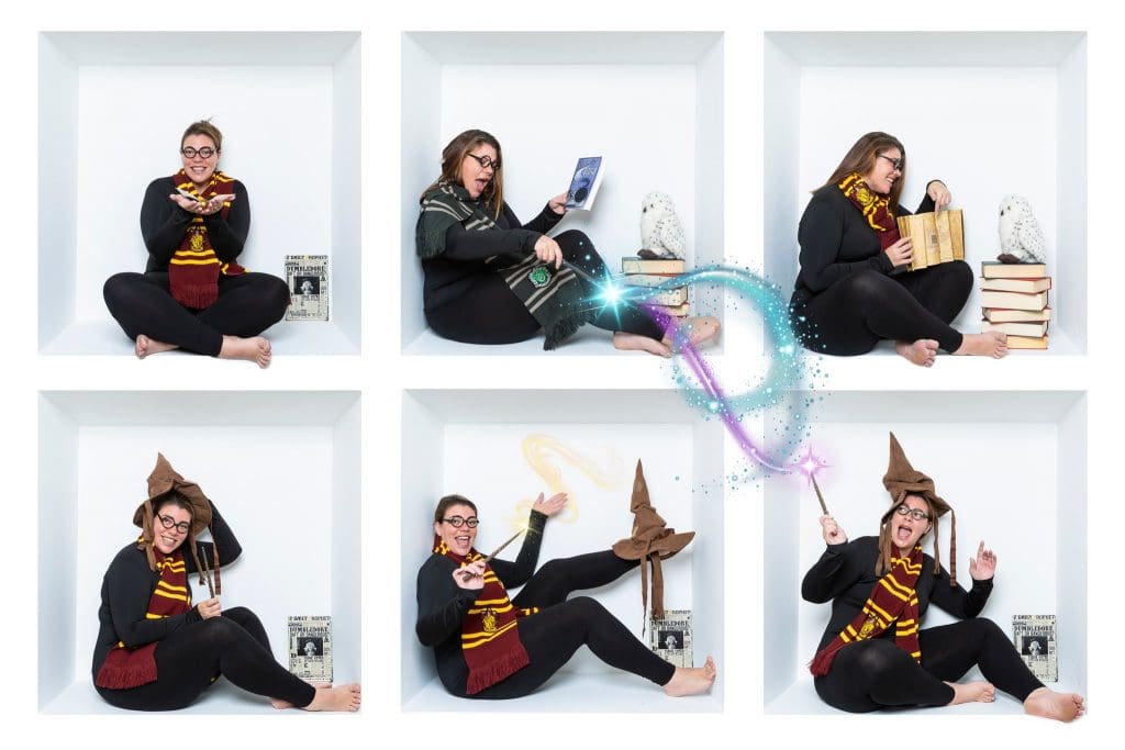 Inside the box photography collage showing a creative studio portrait series of a woman posing inside a white box with themed props and magical effects.