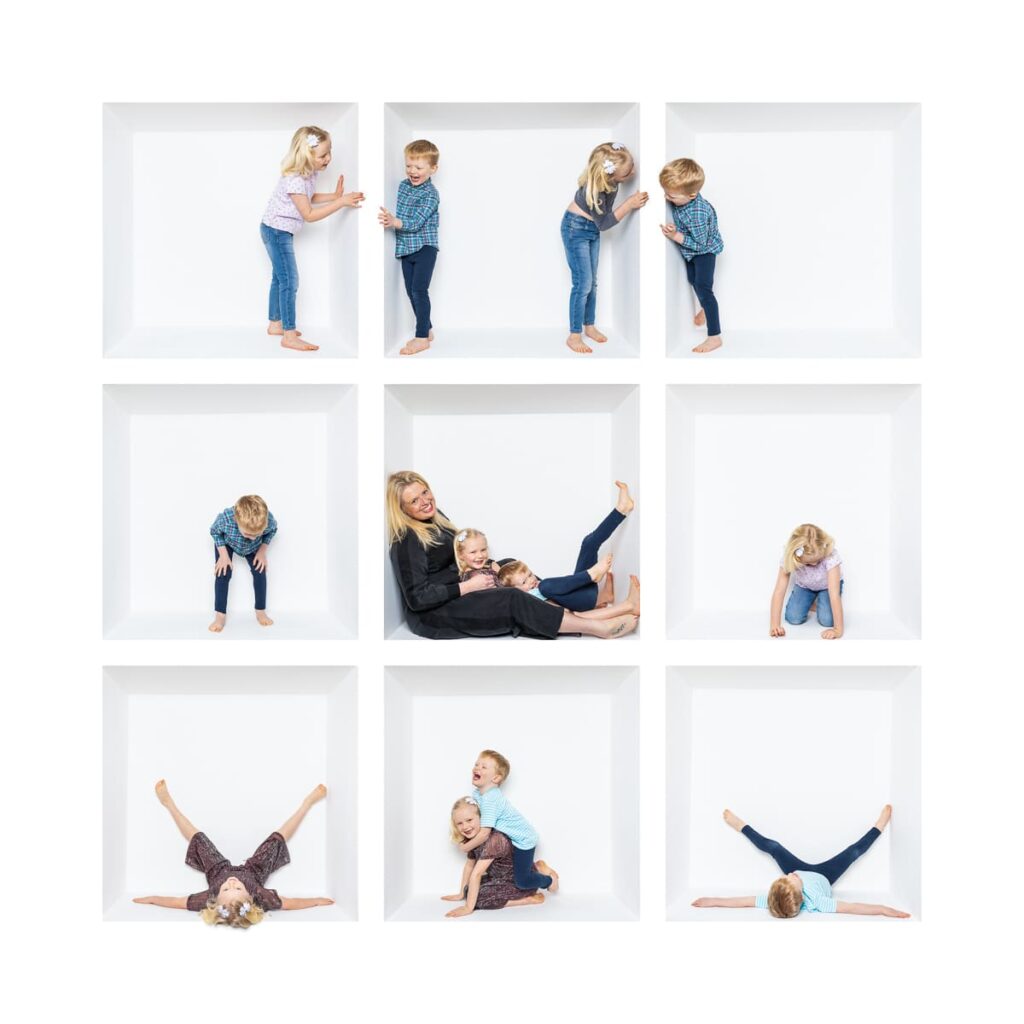 Nine white boxes, each with children playing or posing in various positions, beautifully captured by a Birmingham inside the box photographer. One box includes an adult sitting with two children, all smiling. The overall feel is playful and creative.