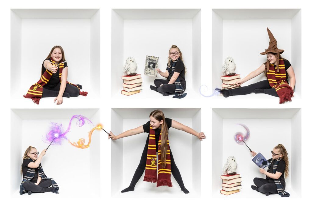 Six images by a Birmingham inside the box photographer capture a girl in a Gryffindor scarf, using a wand, reading, and wearing a Sorting Hat. Magical effects, books, and a stuffed owl complete the enchanting white box setting.
