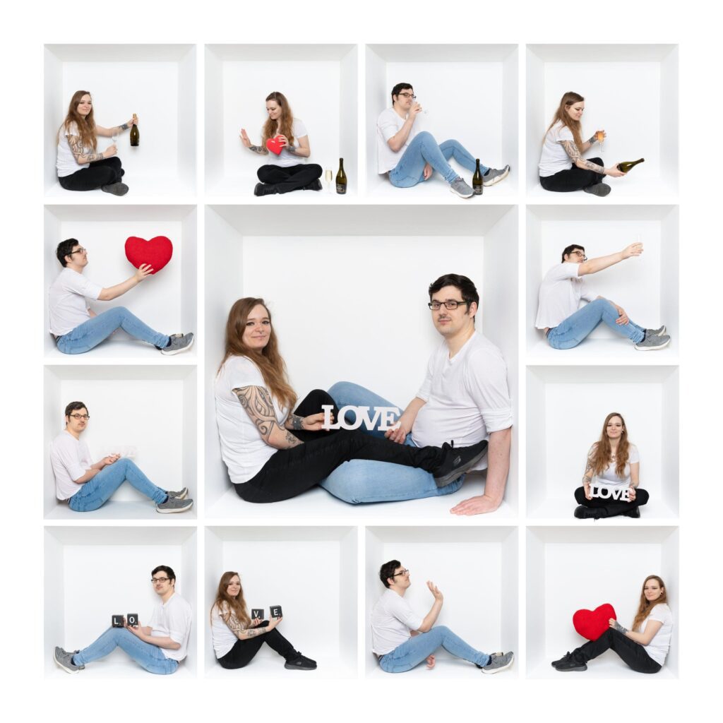 A man and woman pose together and separately in white box frames, holding props like a red heart, LOVE sign, champagne, and cups, wearing casual outfits—creating a playful, affectionate collage by a Birmingham inside the box photographer.