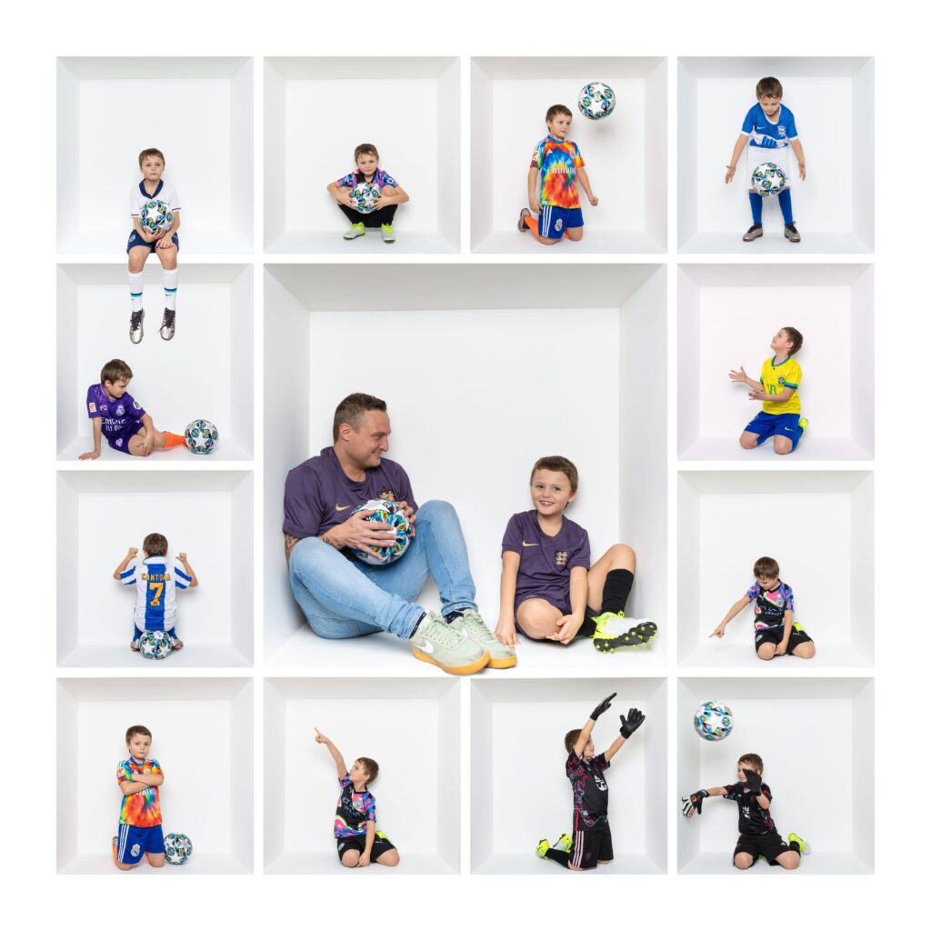 A collage of white cubby boxes, each showing one or two children in colourful football kits posing with footballs, plus one box with an adult and a child sitting together, both holding a football and smiling—capturing joyful moments as only a Birmingham inside the box photographer can.
