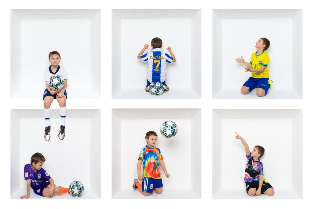 Six children in separate white boxes wear different football kits and pose with footballs, each displaying varied playful or thoughtful expressions and gestures—highlighting individuality within a uniform setting, expertly captured by a Birmingham inside the box photographer.