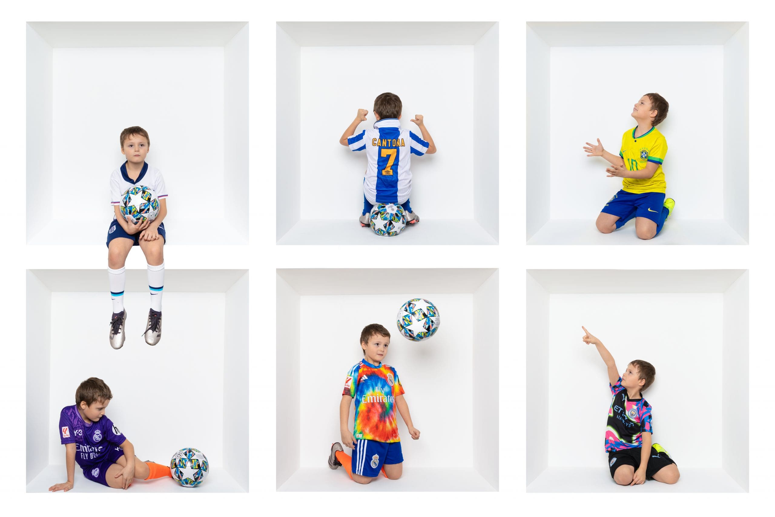 Six children in separate white boxes wear different football kits and pose with footballs, each displaying varied playful or thoughtful expressions and gestures—highlighting individuality within a uniform setting, expertly captured by a Birmingham inside the box photographer.