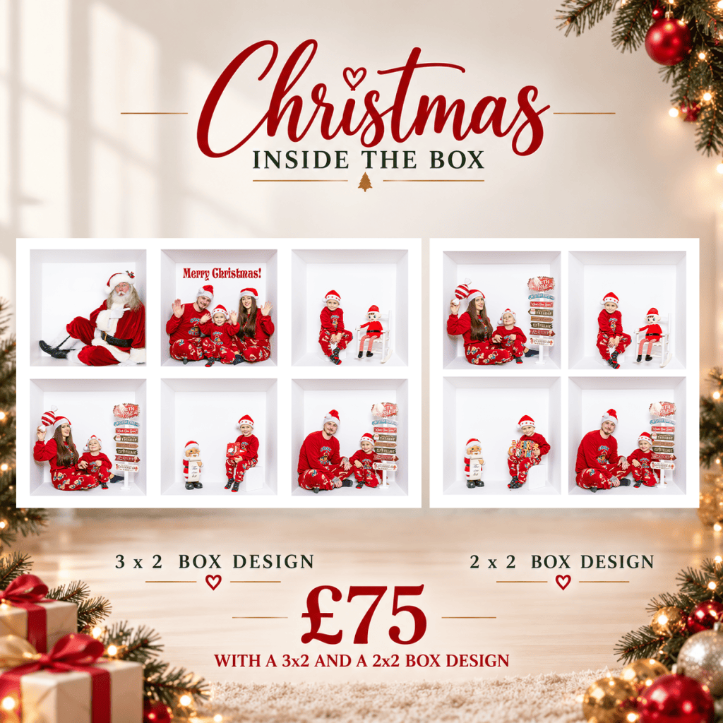 Festive Christmas-themed photo collage advert featuring families posing in white box frames, bringing the warmth of home to each shot with holiday decorations, Father Christmas hats, and the price £75 for 3x2 or 2x2 designs. Presents and baubles decorate the corners.