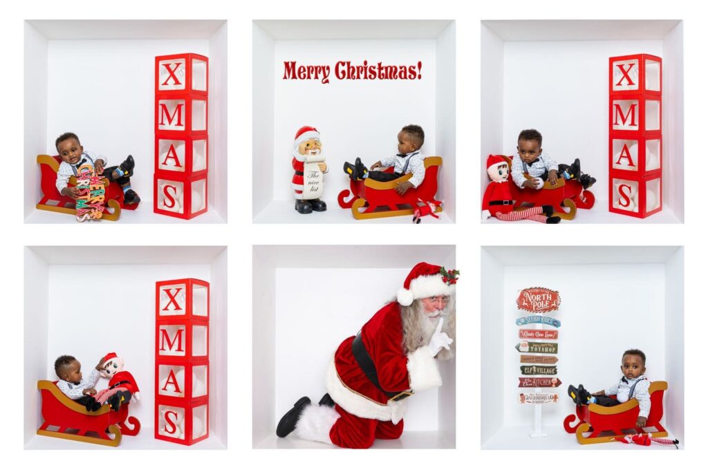 Six photos: A toddler poses with Christmas props, including a red sledge, XMAS blocks, a Santa figure, and Father Christmas, inside a white box setting. Captured by an inside the box Birmingham photographer, one image features ‘Merry Christmas!’ text in red.