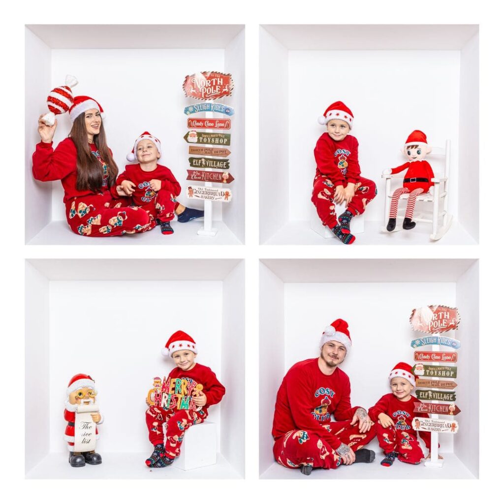 Four photos show a family in matching red Christmas pyjamas and Santa hats posing with festive decorations in white boxes, smiling and sitting with holiday props like signs, toys, and a Merry Christmas sign—all beautifully captured by an inside the box Birmingham photographer.