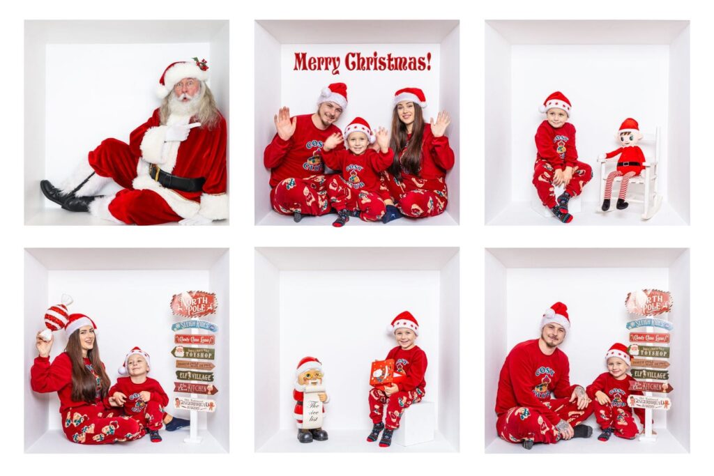 Six white boxes display holiday scenes: Father Christmas, a family in matching Christmas pyjamas, children with a doll, kids with festive signs, a Father Christmas figurine, and family members posing happily in Santa hats—each joyful moment expertly captured by an Inside the Box Birmingham photographer.