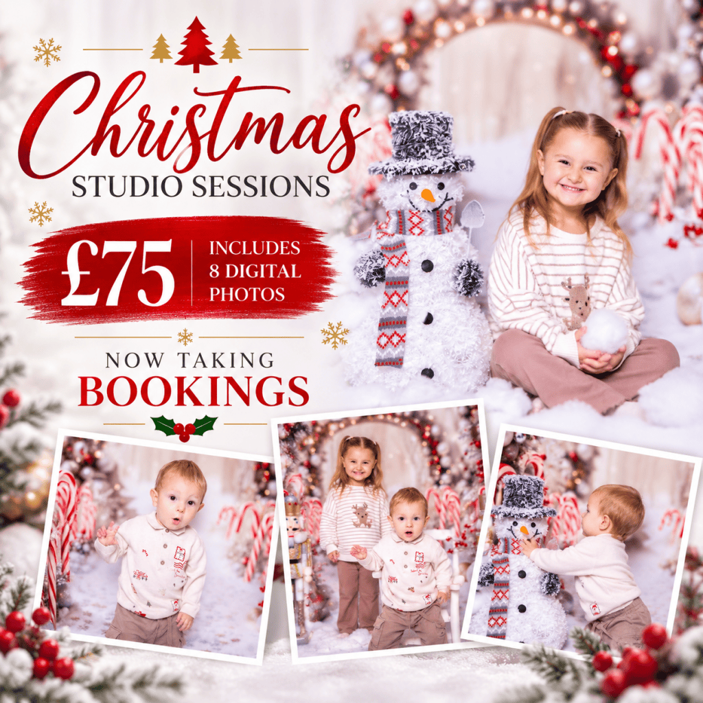 Christmas studio photography session advert with price, includes photos of young children posing with a snowman and festive decorations to create a cosy, home-inspired atmosphere. Text highlights £75 for 8 digital photos and booking availability.