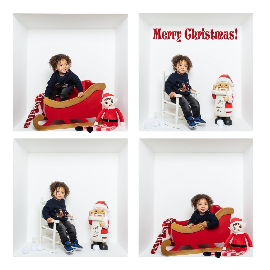 A child poses with Christmas decorations including a red sleigh, Father Christmas figurine, and stuffed elf in four white-framed photos by Inside the Box Birmingham photographer. “Merry Christmas!” is written in red in the top right image.