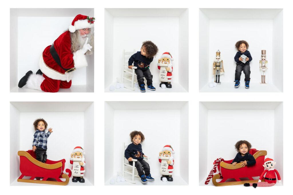 Six photos in white boxes: a child interacts with Father Christmas, toy soldiers, a sleigh, and Father Christmas figurines in festive poses. One box shows Father Christmas kneeling; others show the child sitting or standing with holiday props. Captured by an inside the box Birmingham photographer, each image brings festive magic to life within a creative frame.