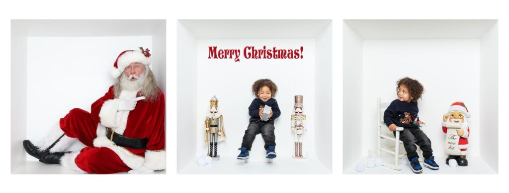 Three white boxes: first with Father Christmas sitting, second with a child and two nutcrackers under Happy Christmas!, third with the child sitting on a chair beside a large nutcracker figure—creatively styled by an inside-the-box Birmingham photographer.