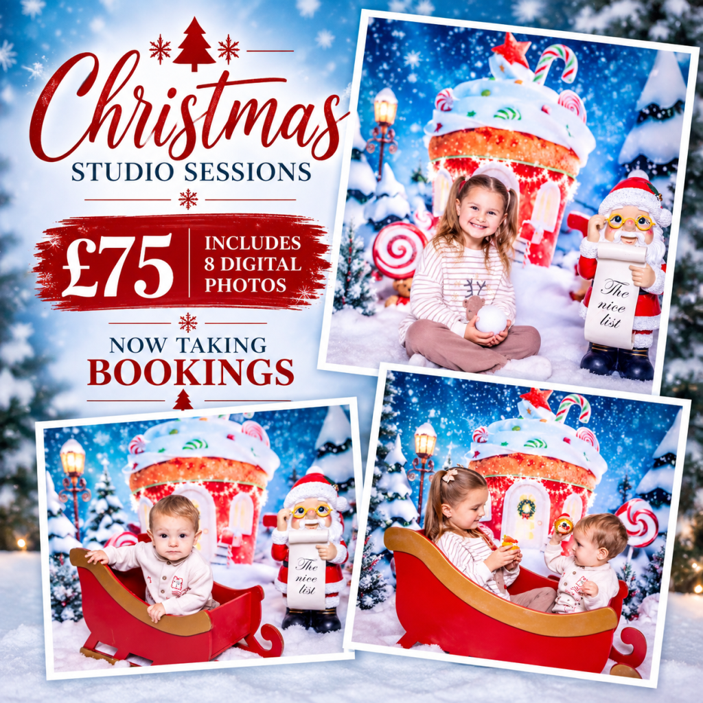 Children in festive pyjamas pose in a Christmas studio with a gingerbread house backdrop, sweet decorations, Father Christmas figure, and a red sleigh—bringing the magic of Christmas home. Text advertises Christmas photo sessions, £75 for 8 digital photos, and announces that bookings are open.